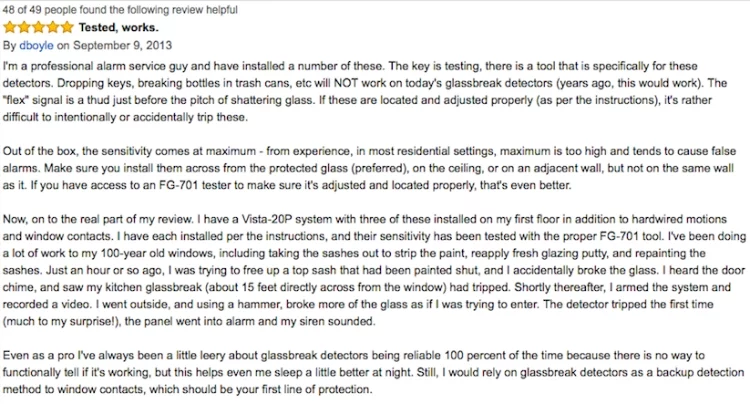 One Verifed Buyer Review for Honeywell 5853 Wireless Glass Break Detector