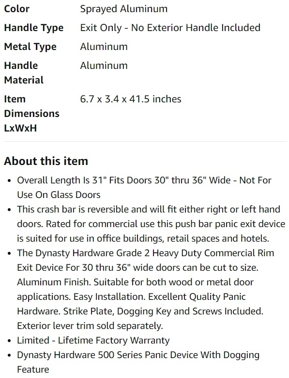 Full Features of Dynasty Hardware Push Bar Panic Exit Device