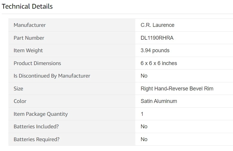 Technical Details of CRL Aluminum Cross Bar Panic Exit Device - Right Hand - Reverse Bevel Rim