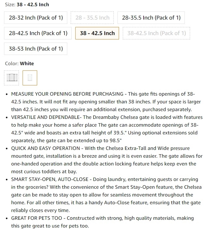 Full Features of Dreambaby Chelsea Extra-Tall & Wide Auto-Close Security Baby Safety Gate-White-Model F191W