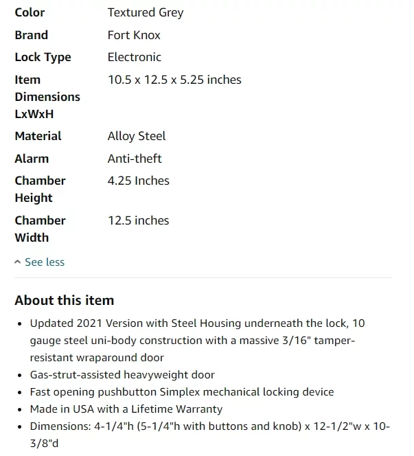 Features of the Fort Knox PB1 Handgun Safe