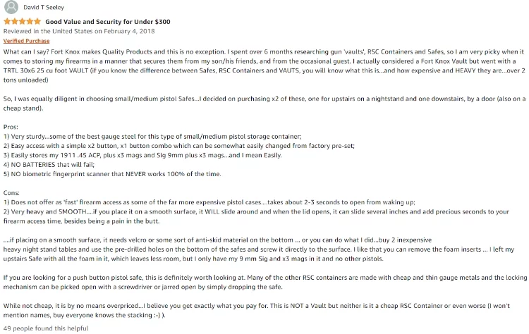 Top Positive Review for The Fort Knox PB1 Handgun Safe